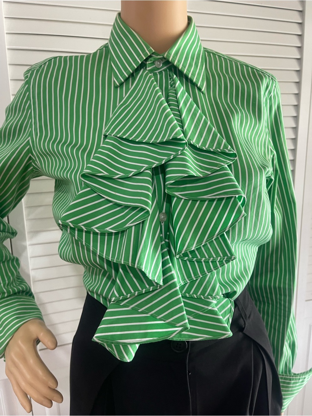 Ralph Lauren Green and White Striped Ruffle Button-Down Shirt - Picture 4 of 5